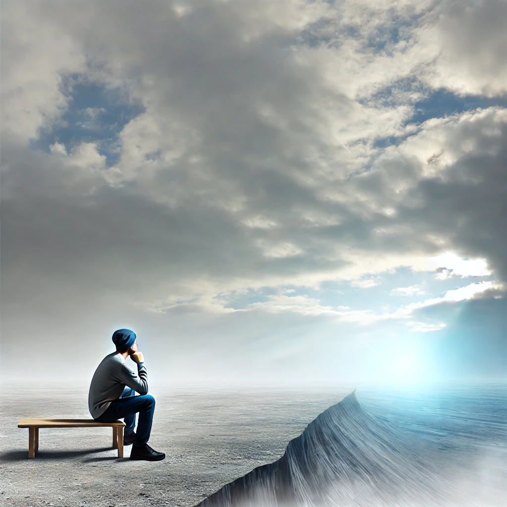 A person sitting alone on a cliff, overlooking a vast, empty landscape