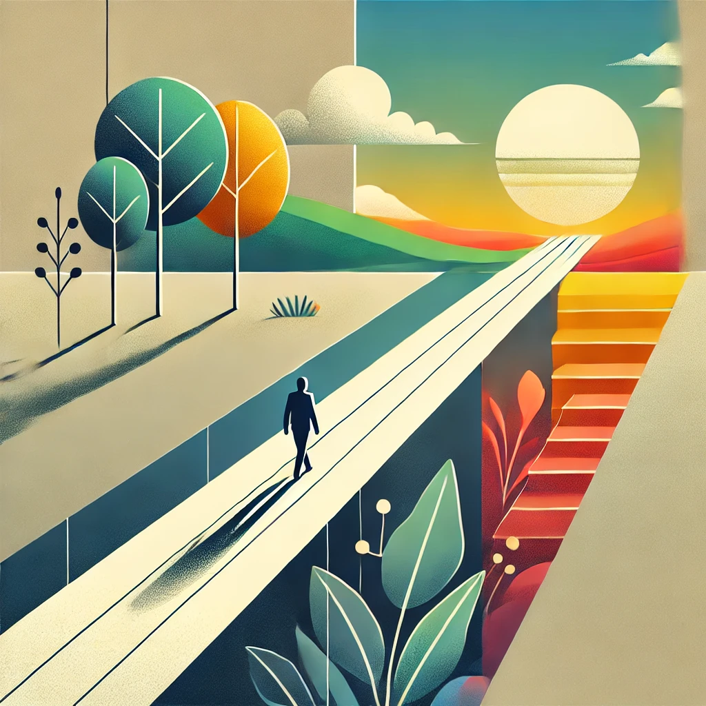 A minimalist conceptual illustration showing a person stepping off a narrow, grey concrete pathway into a vibrant, open landscape. The landscape features green rolling hills, scattered trees, and a bright, inviting horizon. The colours transition from muted tones on the rigid pathway to lively, warm hues in the open space, symbolizing freedom, creativity, and possibility