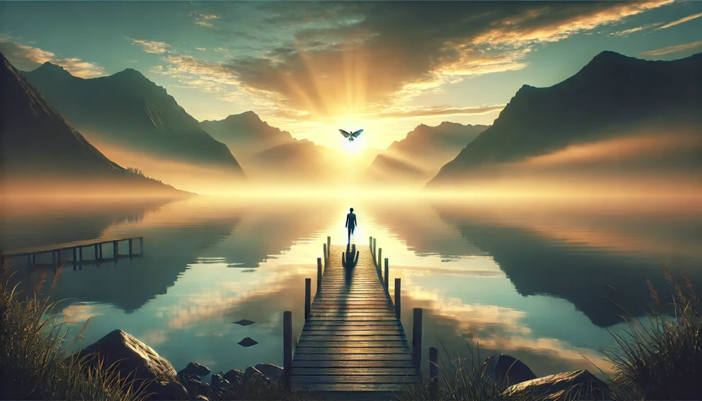 A serene landscape featuring a lone figure standing on a wooden pier, gazing out at a vast, calm lake surrounded by mountains. The scene is illuminated by a golden sunrise, with the sky painted in soft hues of orange and pink. The figure is silhouetted against the light, evoking themes of self-reflection, purpose, and transcendence. The tranquil setting invites contemplation and a sense of connection to something larger.