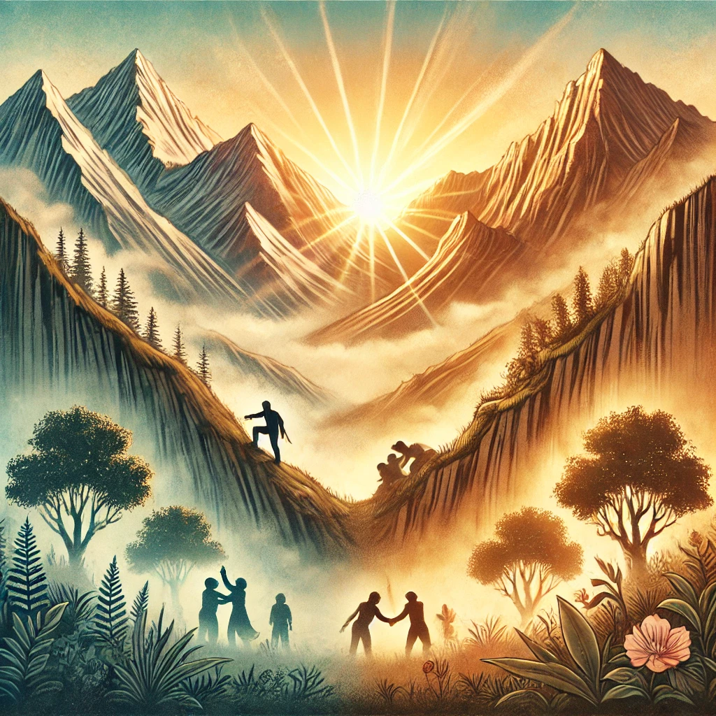 An evocative illustration depicting two mountains. The first mountain is rugged and steep, symbolizing personal ambition and success, with faint trails representing material achievements. The second mountain is bathed in warm sunlight, symbolizing deeper meaning and connection, surrounded by flourishing trees and people embracing or helping one another. A valley cloaked in soft mist lies between the two mountains, representing life's struggles and transformation. The overall scene conveys a reflective and inspiring journey toward fulfilment and purpose.