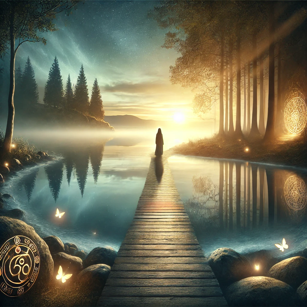 A tranquil, mystical landscape symbolizing a soulful journey, with a calm lake reflecting the soft light of a setting sun