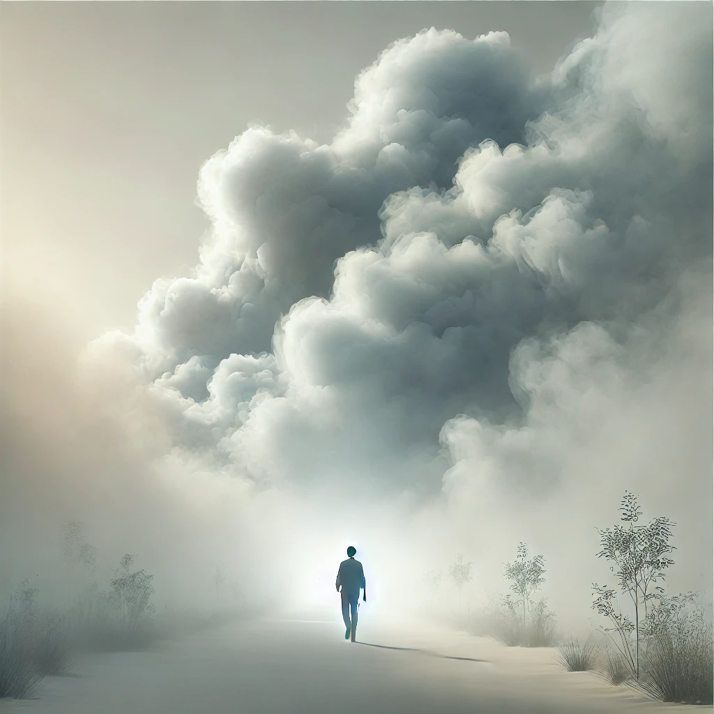 A serene, minimalist scene of a person walking alone through dense fog. The figure appears as a dark silhouette, partially obscured by the mist, evoking a sense of introspection and mystery. The muted tones of grey and white dominate the landscape, with subtle hints of light breaking through the fog, symbolizing hope and clarity amidst uncertainty