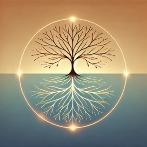 A serene, minimalist illustration of a branching tree with glowing roots and branches, symbolizing personal growth and the connection between values and life decisions. The background features a gradient transitioning from warm golden hues at the bottom to soft, calming blue tones at the top, evoking a sense of introspection, alignment, and purpose. The design is abstract with clean lines and harmonious colours.