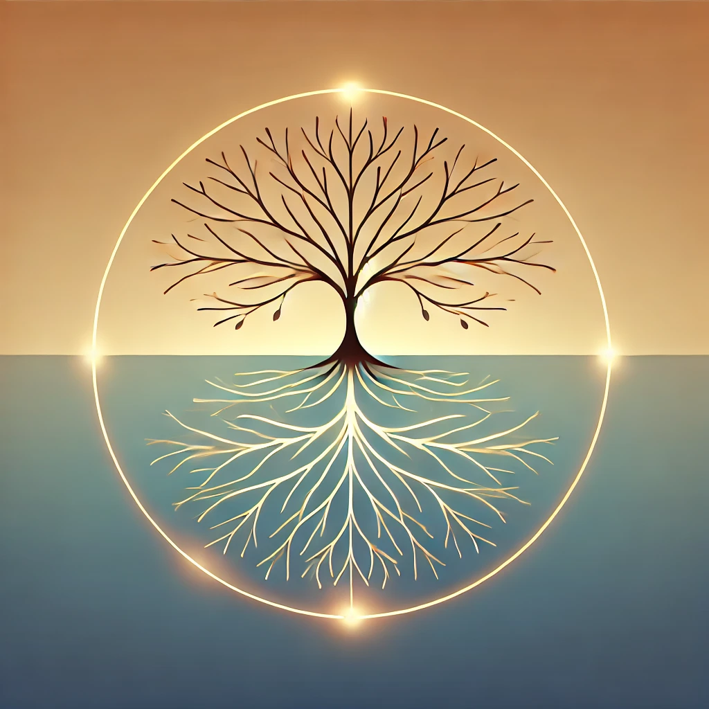 A serene, minimalist illustration of a branching tree with glowing roots and branches, symbolizing personal growth and the connection between values and life decisions. The background features a gradient transitioning from warm golden hues at the bottom to soft, calming blue tones at the top, evoking a sense of introspection, alignment, and purpose. The design is abstract with clean lines and harmonious colours.