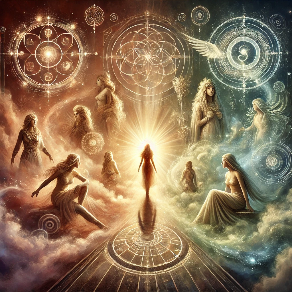 A mystical and symbolic illustration representing self-discovery through personality and archetypes, featuring female figures. The central figure is a radiant woman standing at the crossroads of two paths—one structured with geometric patterns symbolizing personality traits, and the other leading into a dream-like realm of archetypal symbols. Surrounding her are ethereal female archetypes: a wise elder, a warrior, a storyteller, and a visionary, emerging from swirling mist. A soft, glowing light radiates from the central figure, symbolizing inner wisdom and self-awareness. The scene is rich in warm, earthy tones with an enchanting, luminous energy, evoking a sense of introspection and transformation.