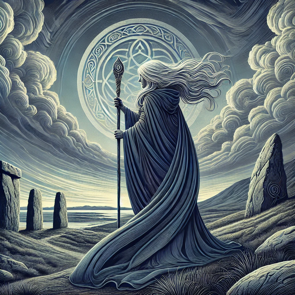  A mystical illustration of an ancient, wise woman standing on a rugged Celtic landscape. She wears flowing deep blue and gray robes, with silver hair billowing in the wind. She holds a staff topped with a carved symbol, exuding a presence of wisdom and power. Behind her, stormy clouds swirl in a twilight sky, and the landscape features rolling hills and ancient standing stones, evoking themes of mythology, aging, and feminine strength.