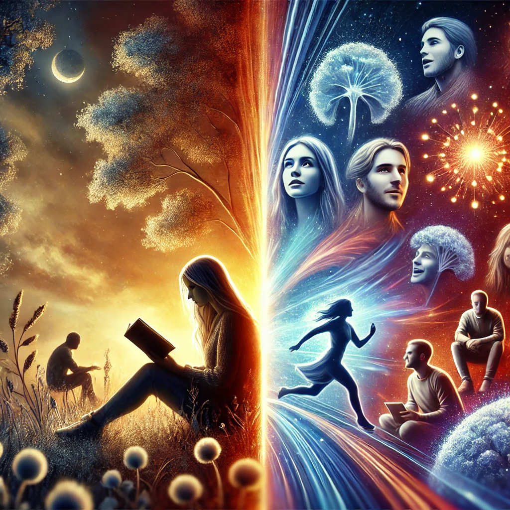 A visually balanced illustration depicting the complementary strengths of introverts and extroverts. On the left, a serene figure sits alone in nature, reading or contemplating, bathed in soft, cool tones, symbolizing deep thinking and introspection. On the right, a lively group engages in animated conversation or teamwork, illuminated by warm, dynamic colors, representing enthusiasm, connection, and collaboration. The two scenes blend harmoniously in the center, illustrating the balance between these personality types.